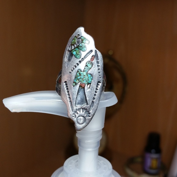 Unk Jewelry - Vin. Bird inlayed Ring 925 Silver with blue green turquoise, red jasper from NM
